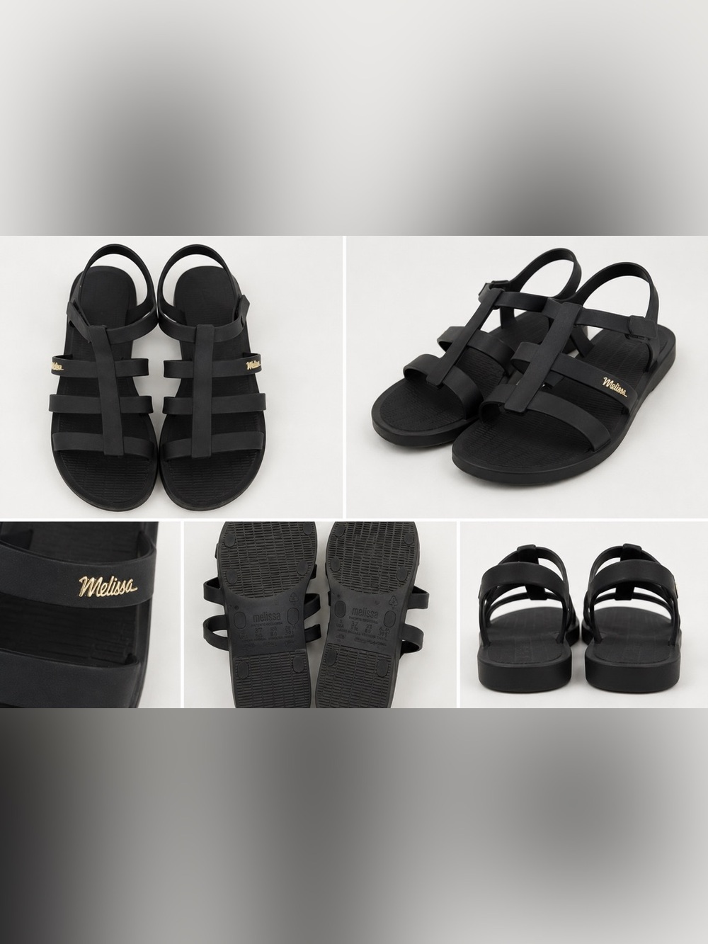 Melissa Black Strappy Jelly Sandals with Gold Logo